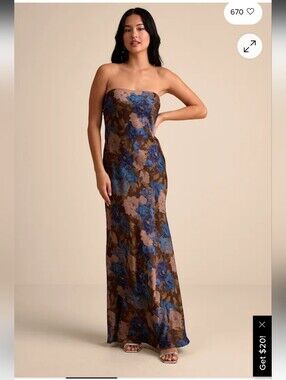Lulus Artemisia Brown Multi Floral Strapless Bow Maxi Dress